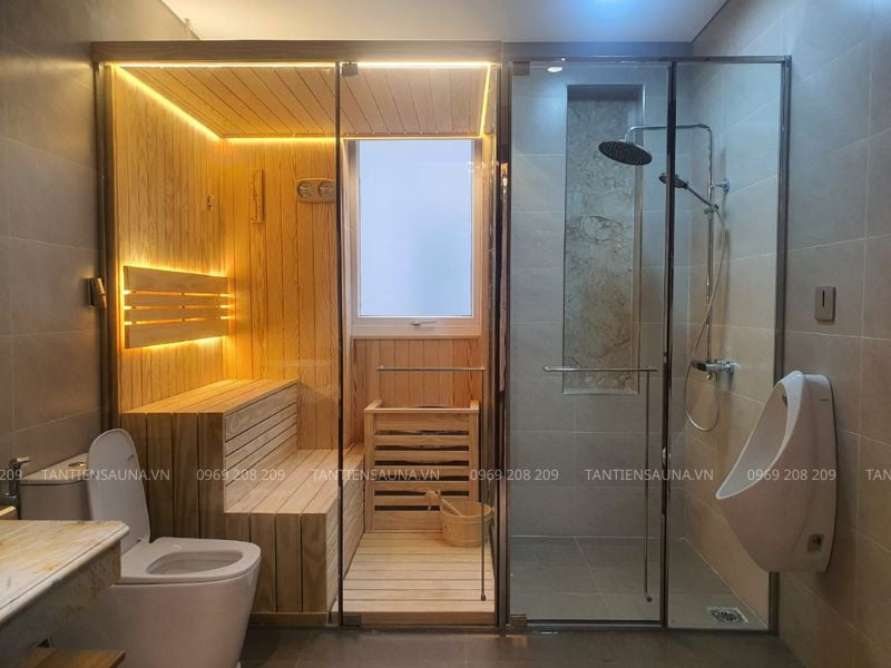 Phòng xông khô gỗ Mỹ vuông vắn liền kề cabin tắm kính tại Đại Mỗ, HN