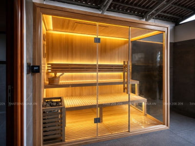 Phòng xông khô gỗ Hemlock Canada thi công cho gia chủ tại Hưng Yên