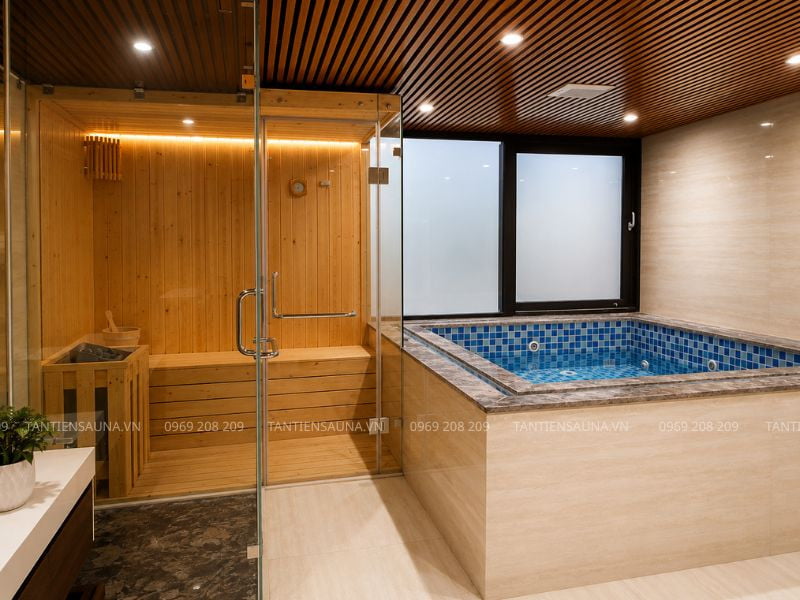Lắp đặt phòng xông và bồn sục xây tại biệt thự vườn đào Tây Hồ, HN